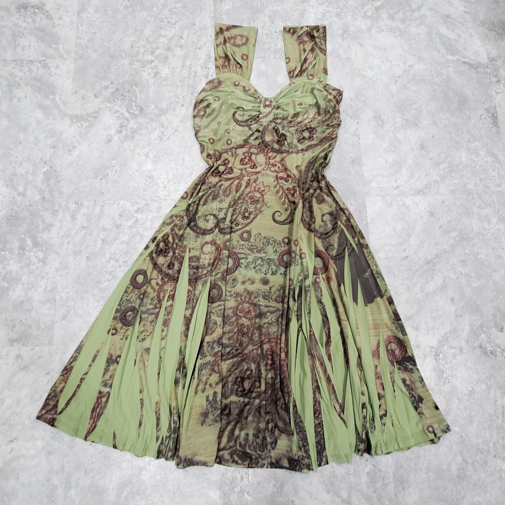 Vintage Y2k Pretty Woman Ruched Shoulders Green Paisley Dress S USA 90s 00s